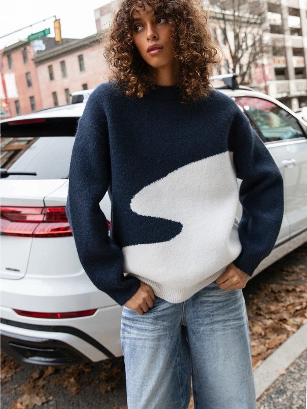 Oversized Intarsia Knit Sweater OAK + FORT Two-Tone - Picture 7 of 8
